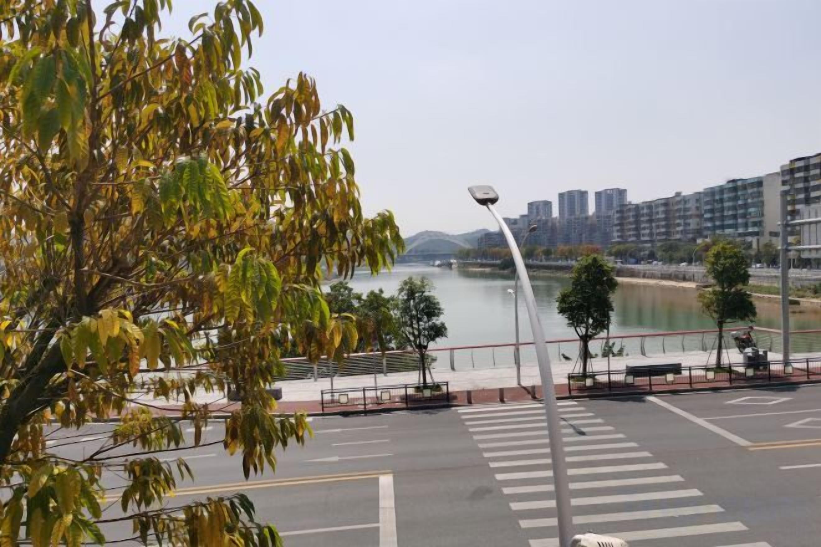 A parking area with a pedestrian crossing, a lamp post, and a view of a river with buildings in the background.
