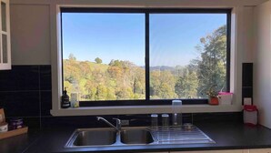 A kitchen with a large window, two sinks, and cabinets.