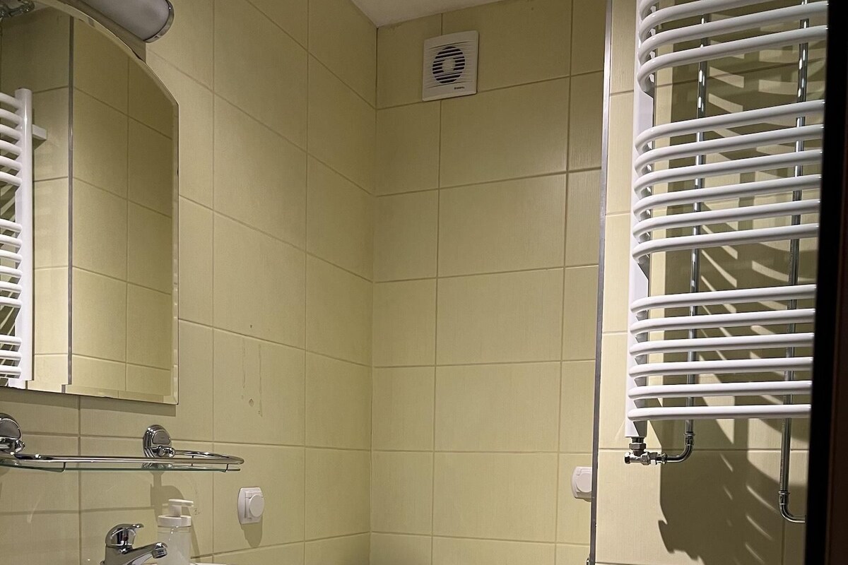 A small bathroom with a sink, toilet, and a mirror.