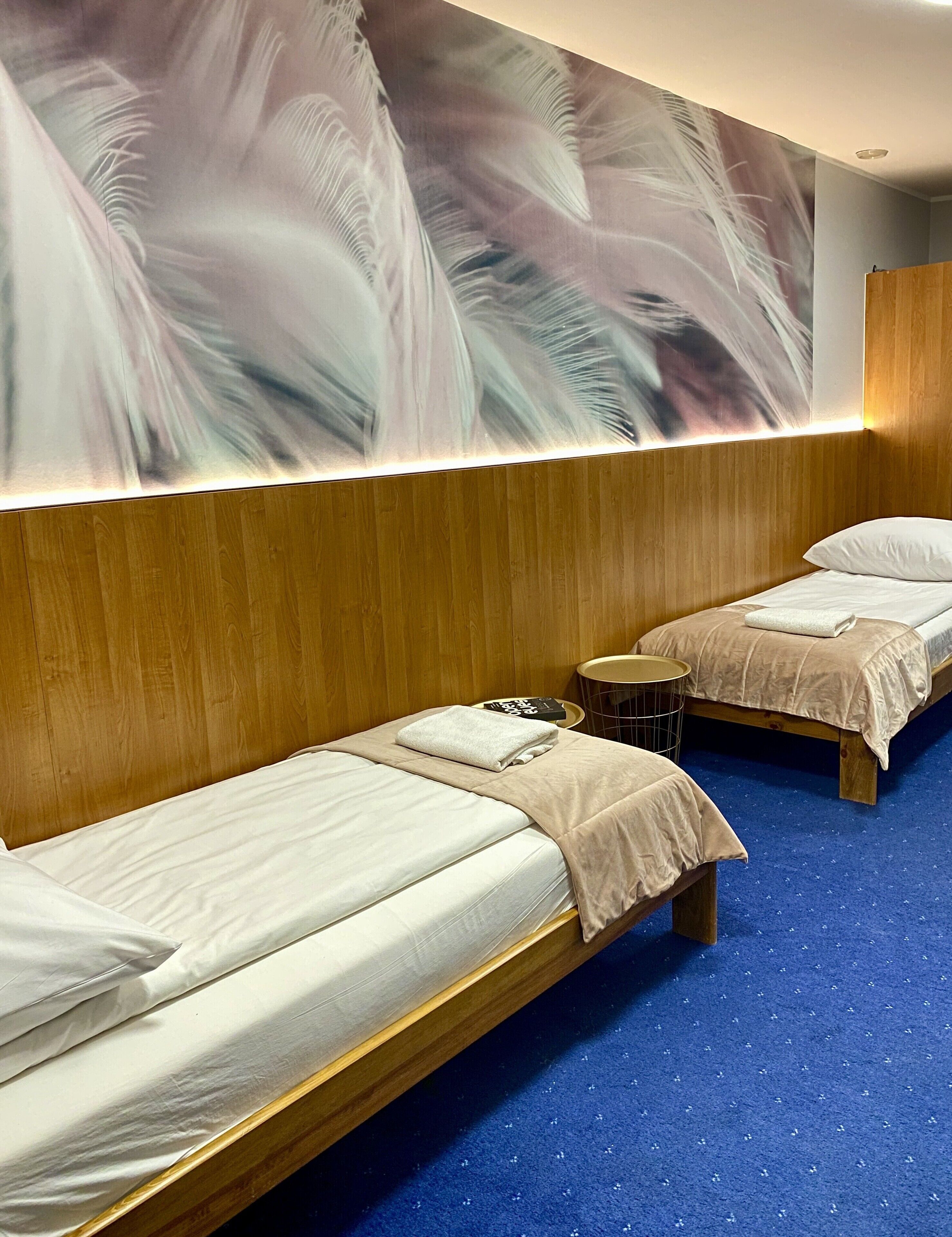 A hotel room with two single beds, a large feathered wall art, a small round table, and a blue carpet.