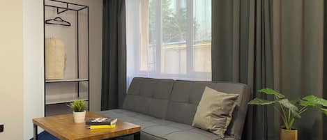 A modern living room with a grey sofa, a wooden coffee table, a hanging wardrobe, and a window with curtains.