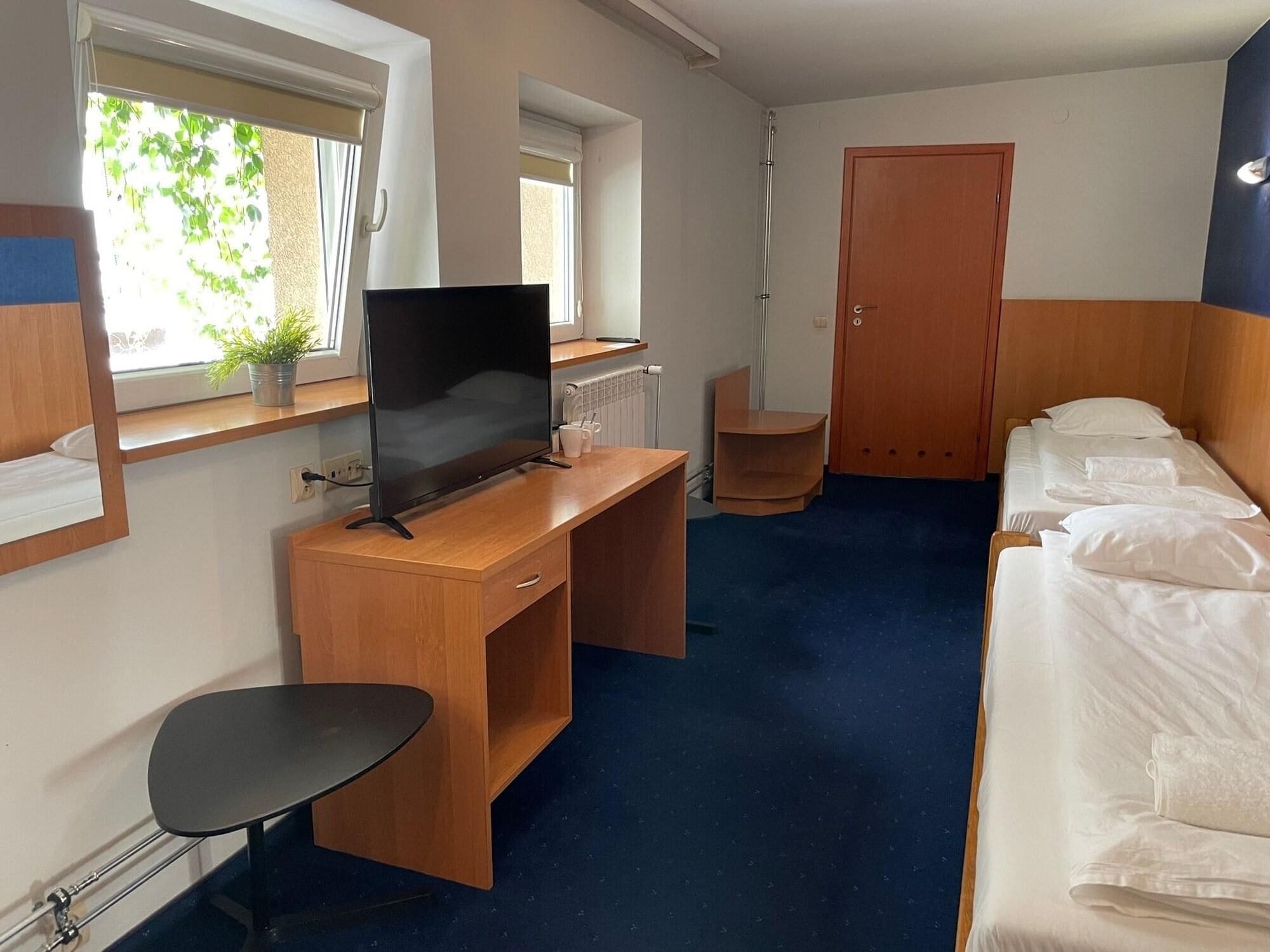 A hotel room with a bed, a desk with a TV, a chair, and a window with a view of greenery.