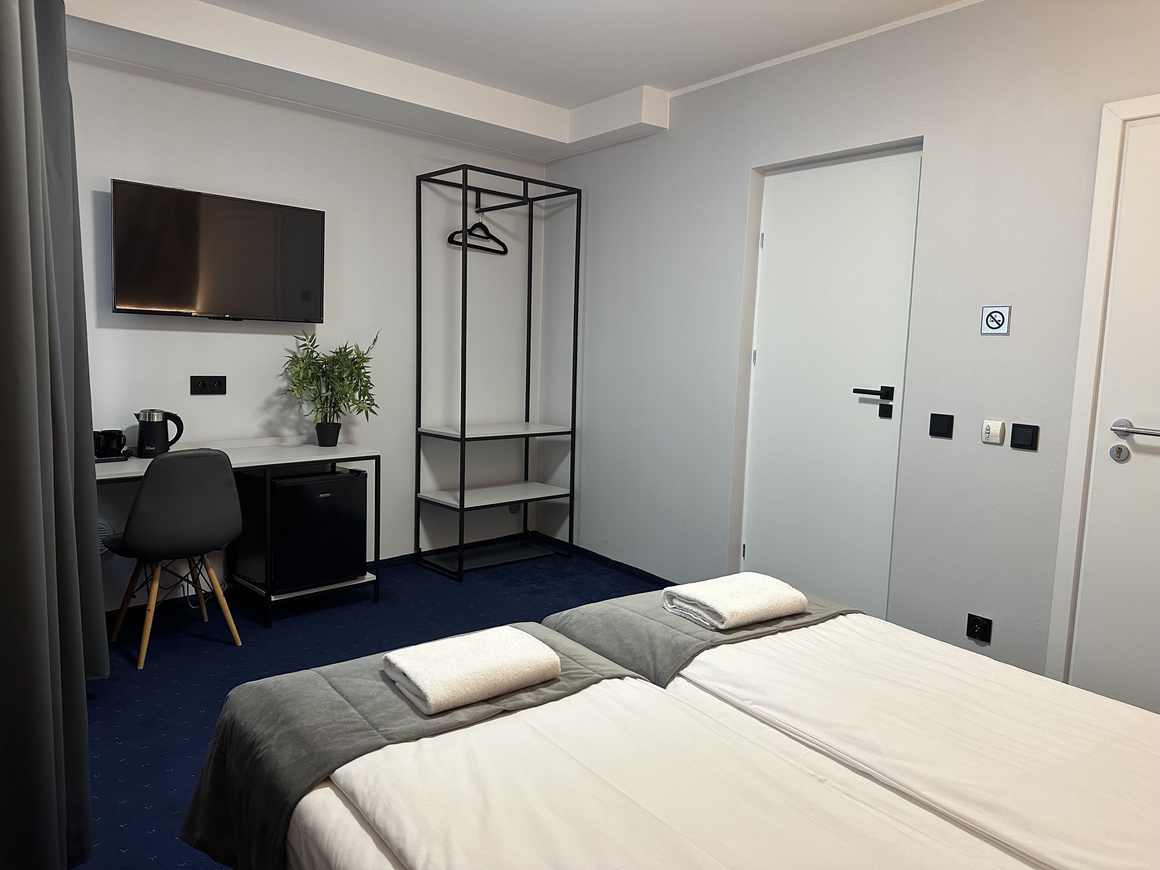 A hotel room with a bed, a desk, a TV, a plant, and a wardrobe.