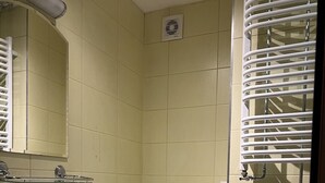 A small bathroom with a sink, toilet, and a mirror.