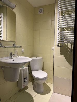 Une petite salle de bain avec un lavabo, des toilettes et un miroir.
