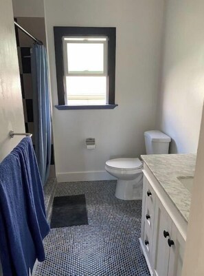 Hair dryer, towels, soap, shampoo