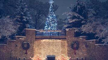Eine steinerne Mauer mit einem Weihnachtsbaum und Lichtern, umgeben von schneebedeckten Bäumen.