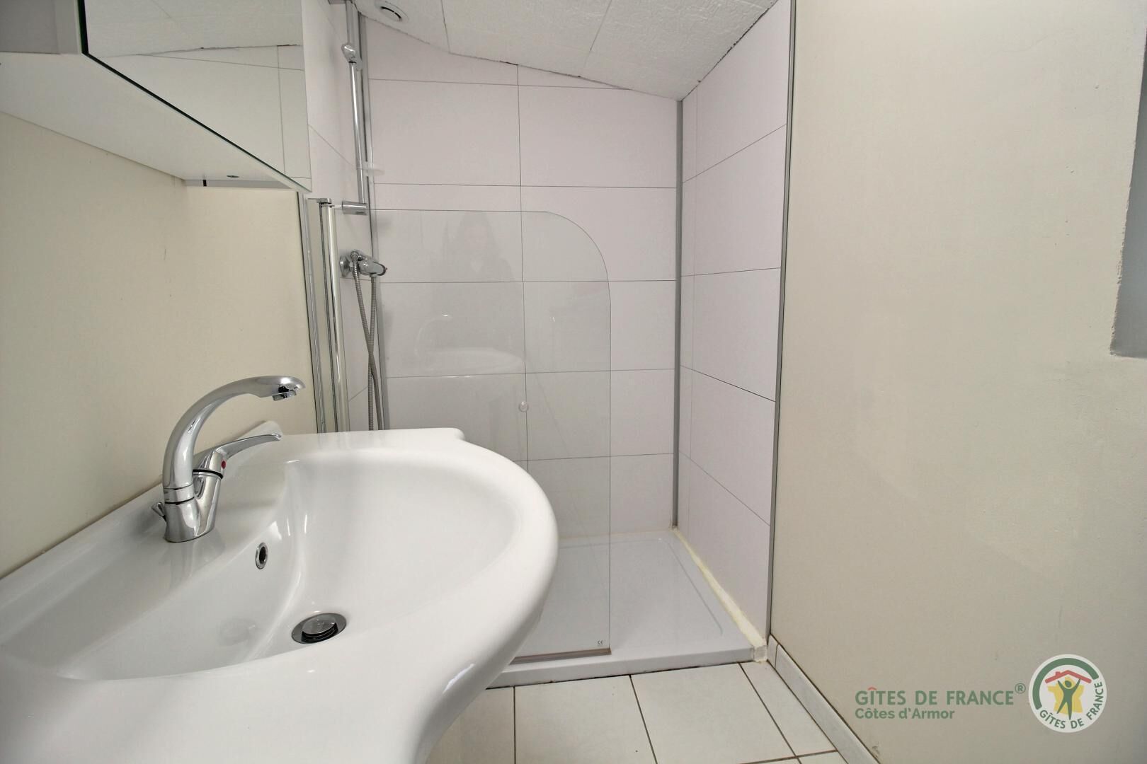 Un bagno con un lavandino bianco, una doccia e pareti piastrellate.