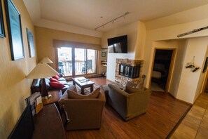 TV, fireplace, books