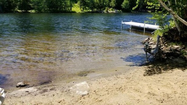 A clear lake with a dock extending into the water, surrounded by dense green foliage. - Serenity.. (Mount Vernon)