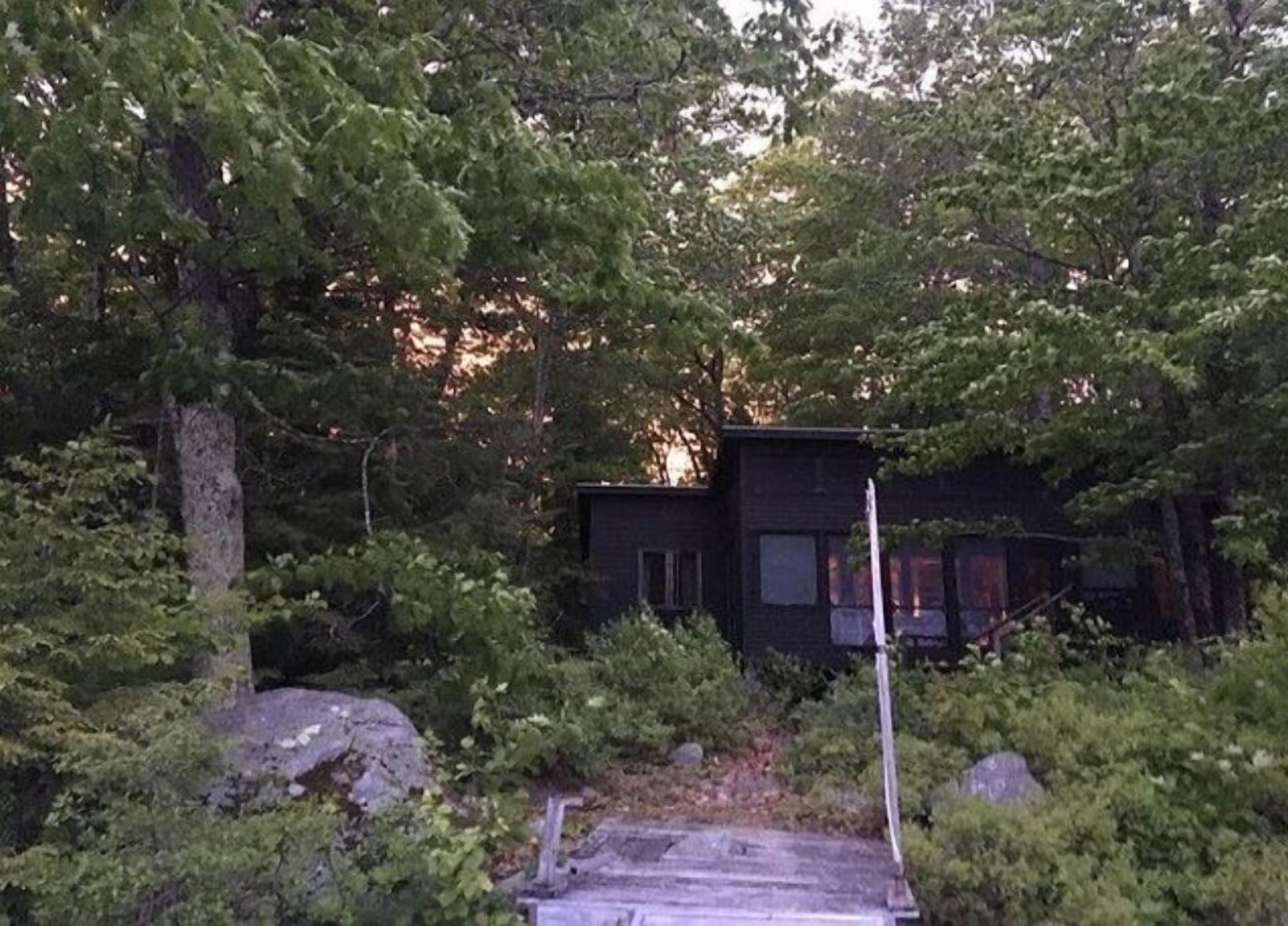 A secluded cabin surrounded by dense forest.