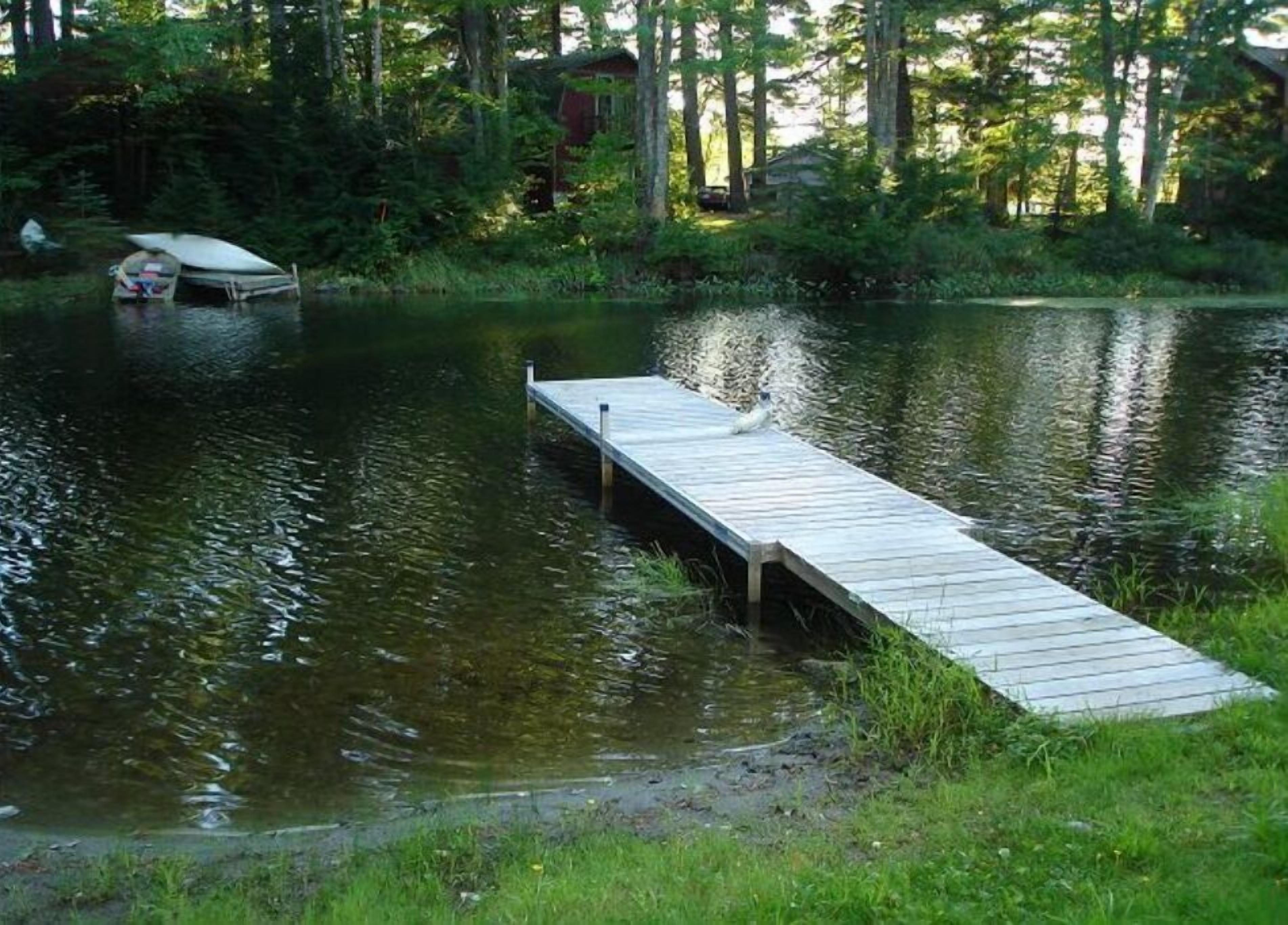 A wooden dock extending into a calm lake surrounded by dense greenery and trees.