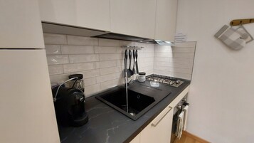 Quarto design, no piso térreo | Cozinha americana privada | Geladeira grande, cooktop, máquina de café expresso, cafeteira/chaleira