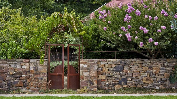 Eine Steinsäule mit einem Metallgitter, einer Rasenfläche und einem Baum mit violetten Blüten.