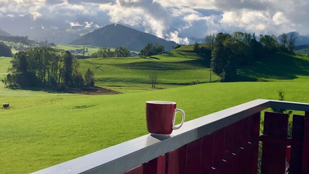A red mug on a balcony railing overlooking a green landscape with trees and hills.