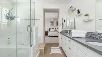 Hair dryer, towels, soap, shampoo