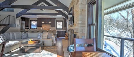 TV, fireplace, books