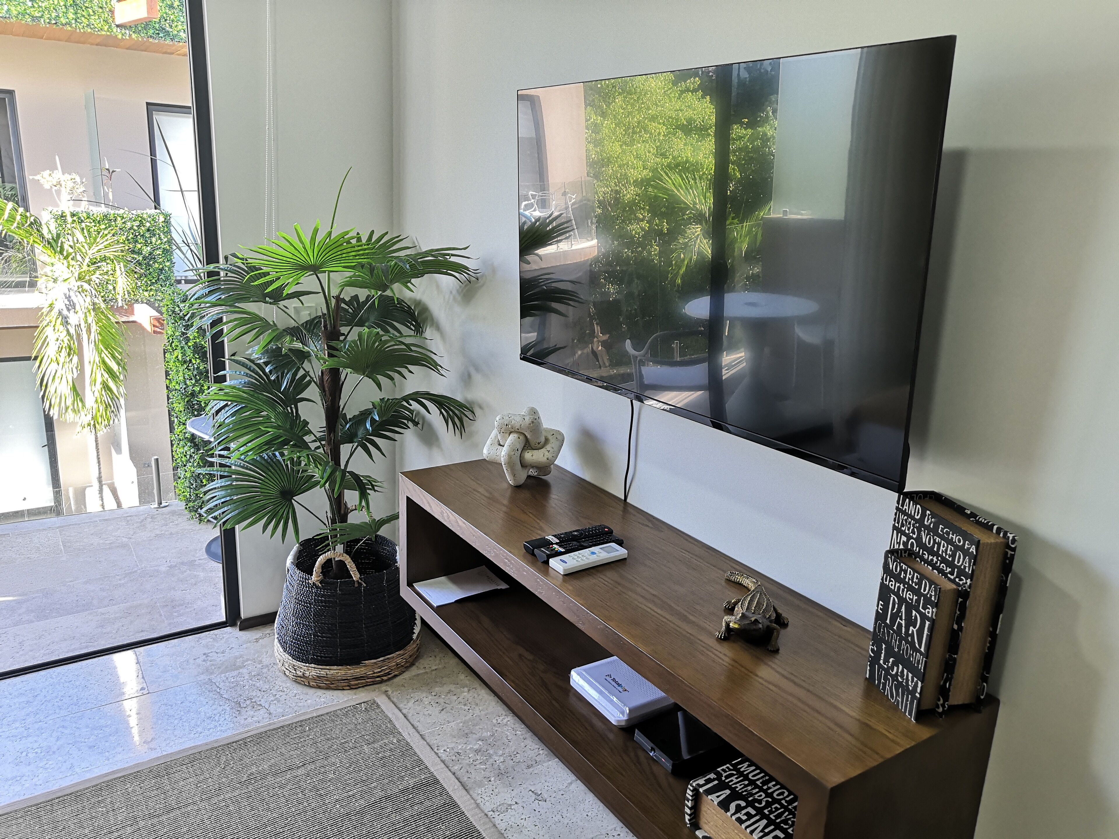 A modern living room with a large flat-screen TV mounted on the wall, a wooden console table with decorative items, a potted plant, and a view of the outdoors through a glass door.