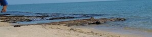 Enjoy a serene beach scene with a clear view of the shoreline and calm waters.