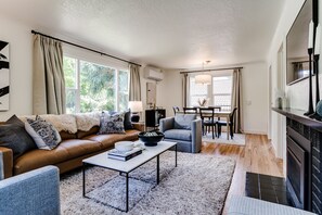 Smart TV, fireplace, books