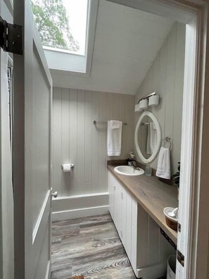A modern bathroom with a skylight, a bathtub, a sink, and a mirror. - Spacious 1 Bedroom Close to Everything 4 (Edgecomb)