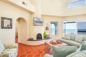 Televisión, chimenea y libros 