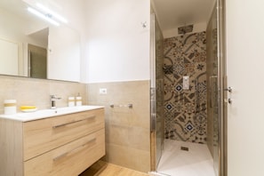 Shower, hair dryer, bidet, towels