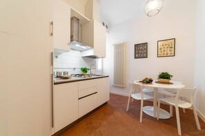 Fridge, stovetop, dishwasher, coffee/tea maker