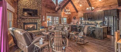 Televisión, chimenea, reproductor de DVD