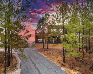 A modern building with a wooden deck, surrounded by pine trees and a gravel path leading to it.