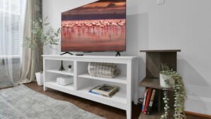 Ein Wohnzimmer mit einem Flachbildfernseher auf einem weißen TV-Schrank, einem Bücherregal mit Büchern, einer Topfpflanze und einem Fenster mit durchsichtigen Vorhängen.