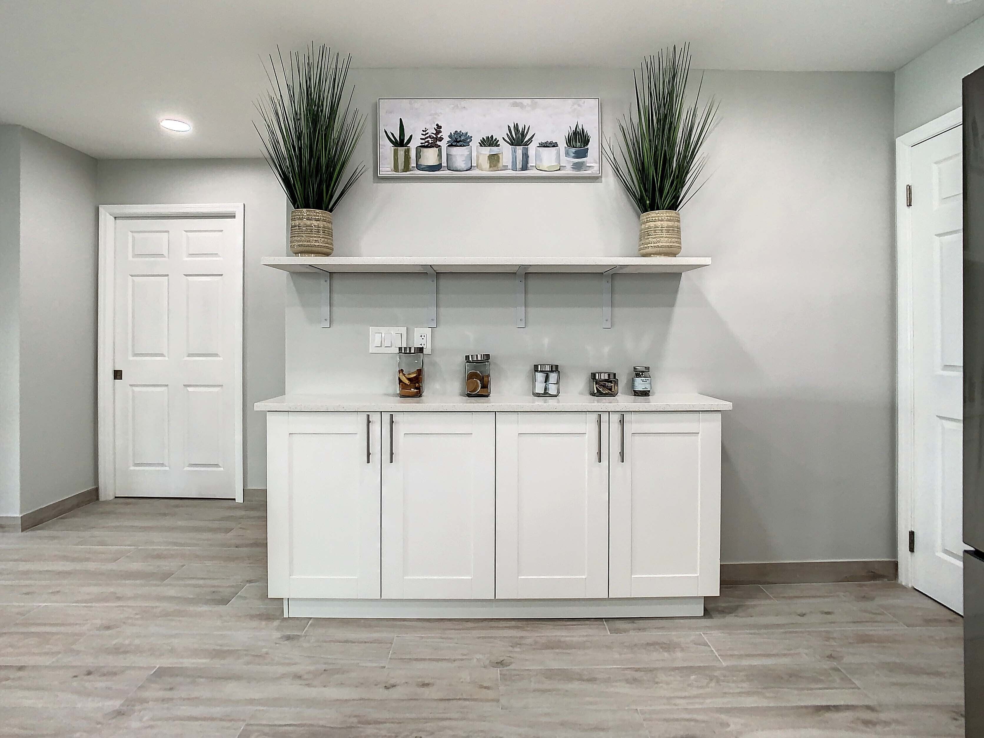 A kitchen with white cabinets, a white countertop, and two potted plants on shelves above.