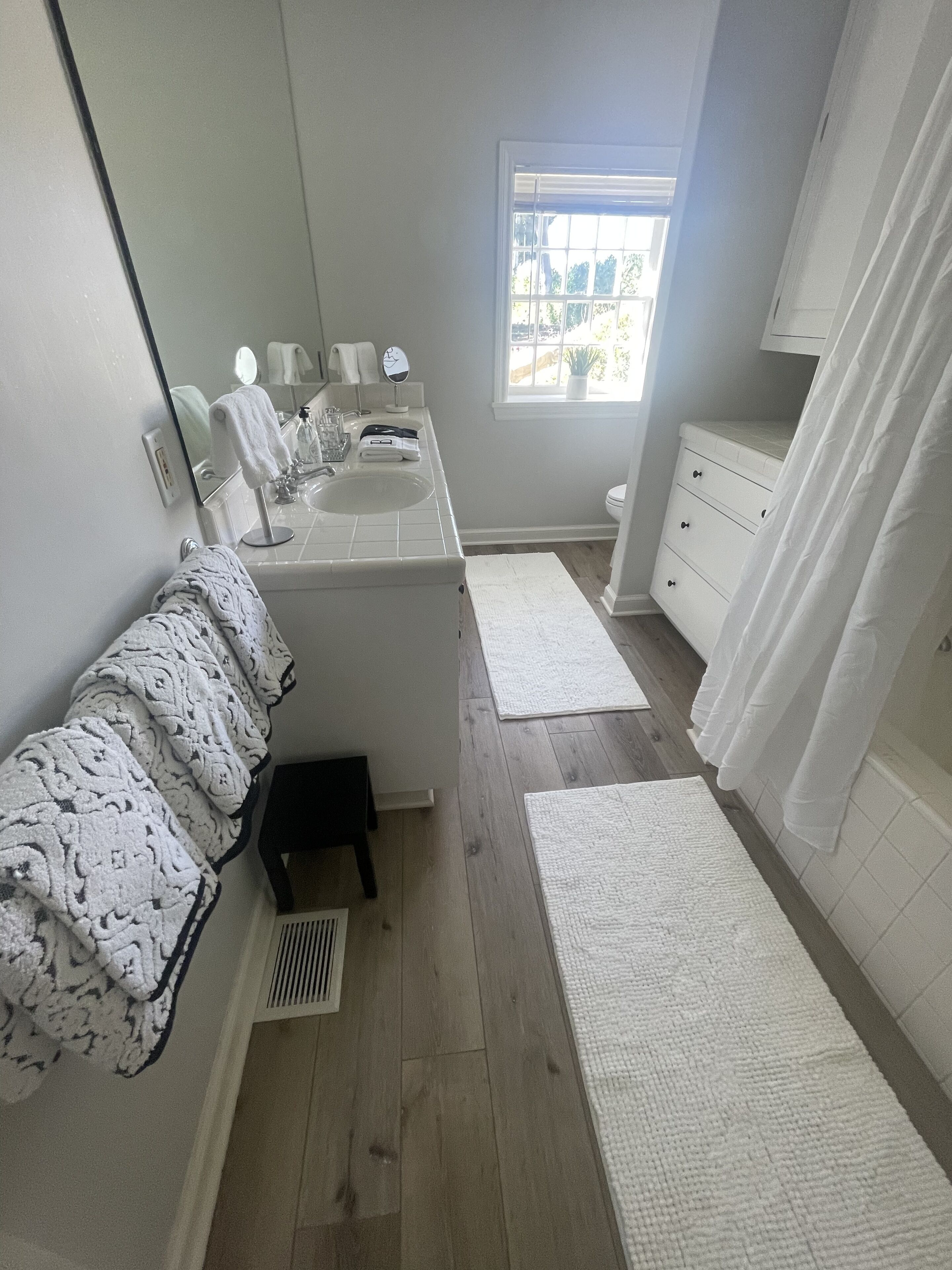 Hair dryer, towels, soap, shampoo