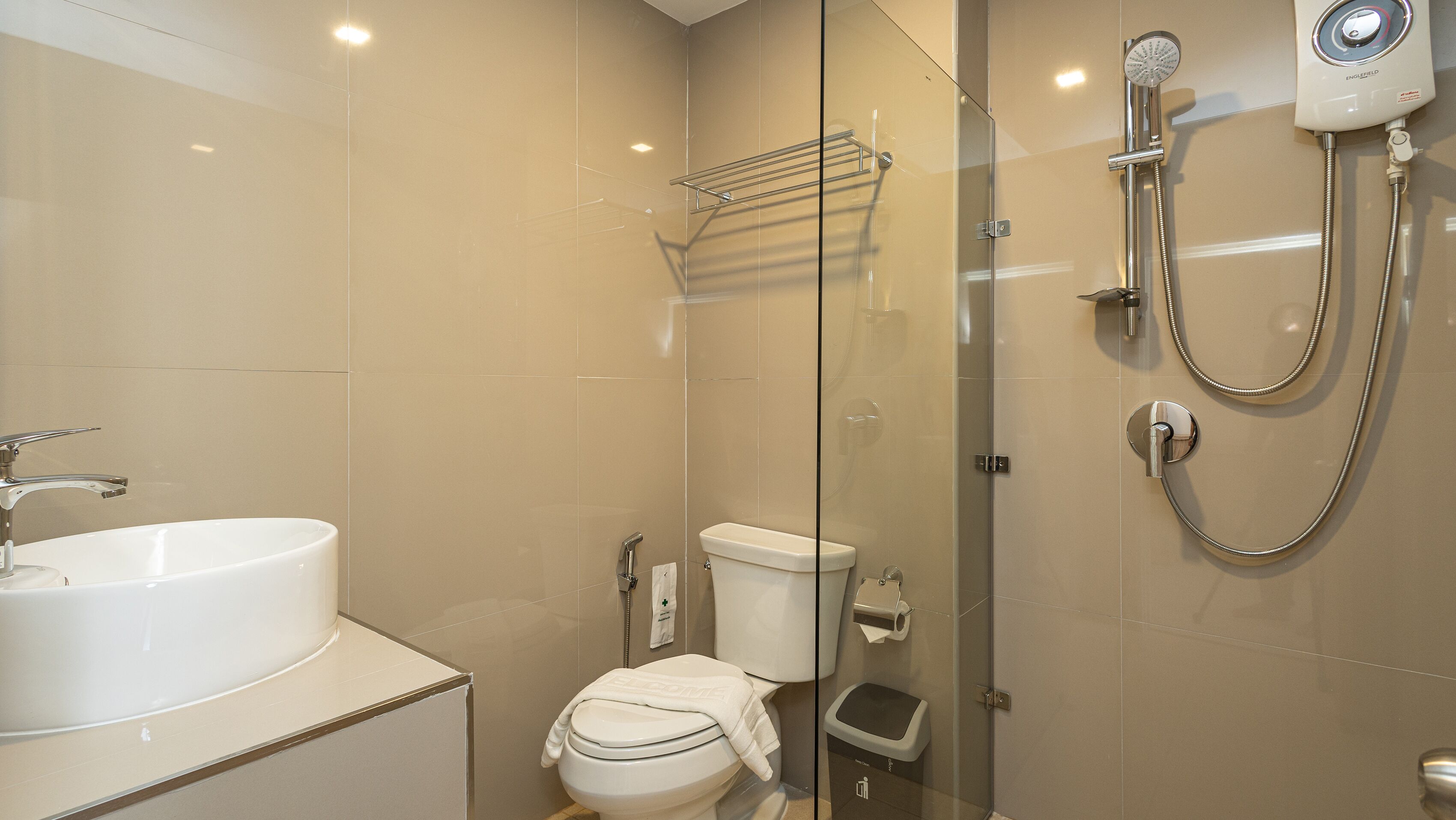 A modern bathroom with a glass-enclosed shower, a white sink, and a toilet.