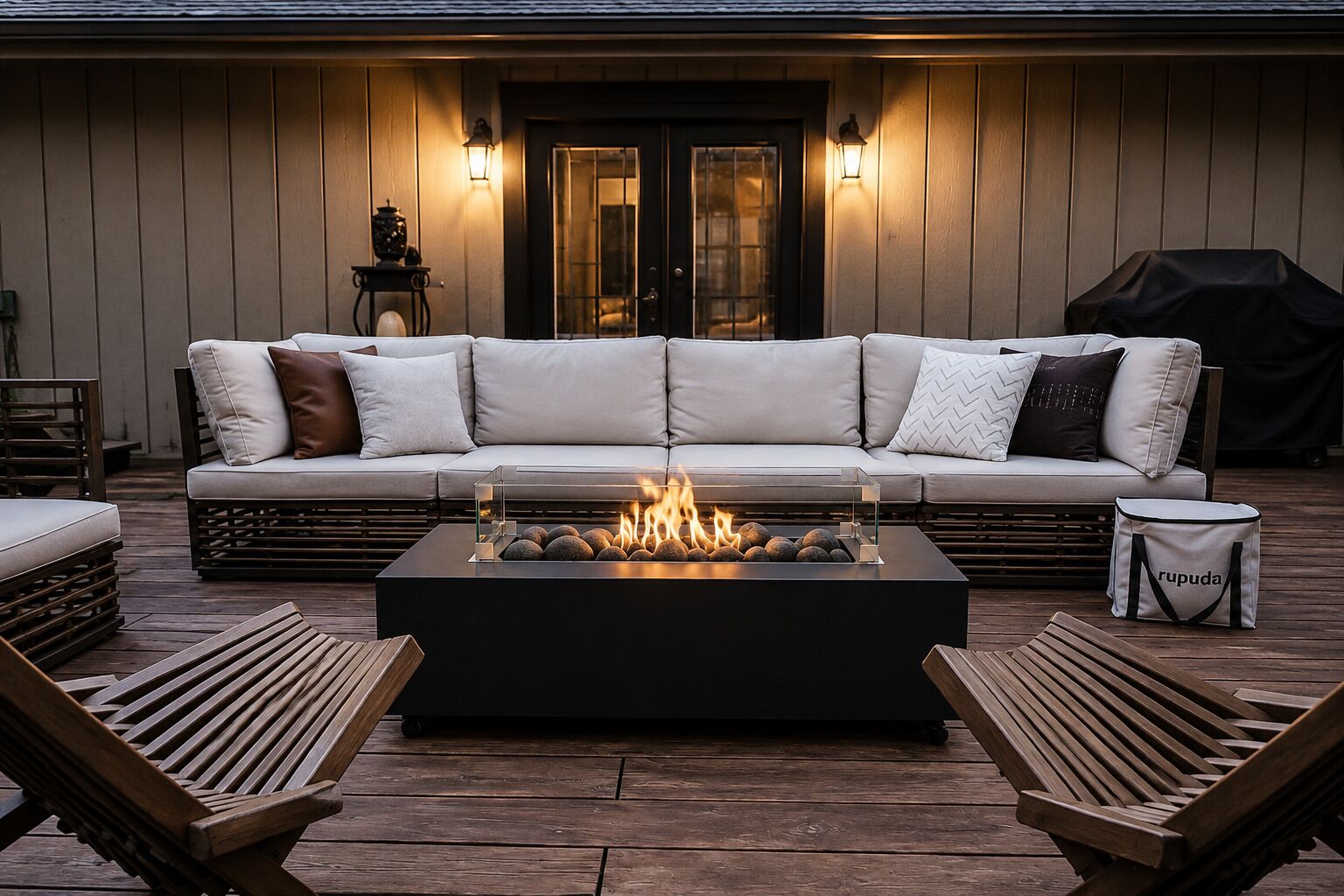 An outdoor seating area with a sofa, two wooden chairs, a fire feature, and a bag labeled 'rupuda'.