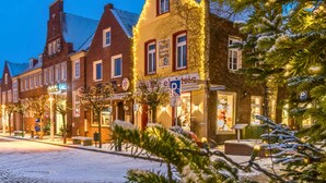 Un edificio histórico con arquitectura tradicional, un escaparate visible y una calle cubierta de nieve.