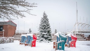 Zona nevada al aire libre con un árbol de Navidad, un edificio de ladrillo y un puente al fondo.