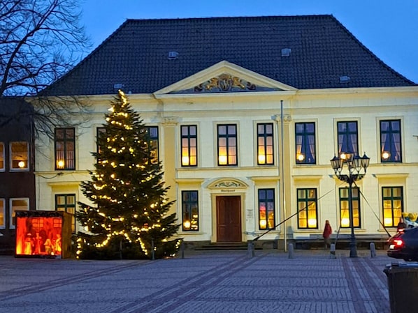 A building with a large Christmas tree in front, a central entrance, and a paved area.