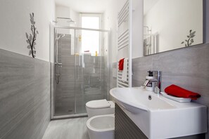 Combined shower/tub, hair dryer, bidet, towels