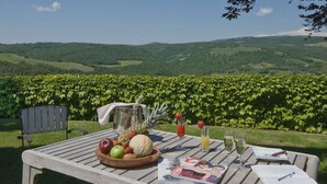 Une table dressée à l’extérieur, avec un magazine, des fruits et des boissons, donnant sur un vignoble.