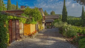 A rustic stone pathway leading to a traditional building with a tiled roof, surrounded by lush greenery and flowering plants. - TENUTA IL BORGO 34, Charme Farmhouse with private pool and parking space (Monte Castello di Vibio)