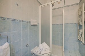 A bathroom with a toilet, a shower enclosure, and a towel rack. - Porto Letizia Firenze 4, Porlezza, Italy (Porlezza)