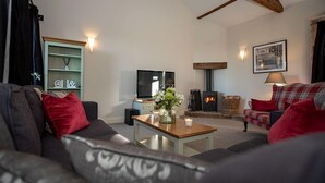 A cozy living room with a sofa, a coffee table, a TV, a fireplace, and a bookshelf. - A cottage that sleeps 6 guests  in 3 bedrooms (Castle Carrock)