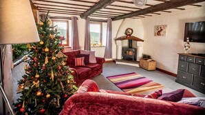 A cozy living room with a Christmas tree, a fireplace, and a television. - Luxury cottage with enclosed garden and 2 dogs welcome (Castle Carrock)