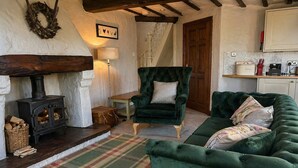 Uma sala de estar acolhedora com lareira, uma poltrona verde, um sofá e uma área de cozinha com chaleira.