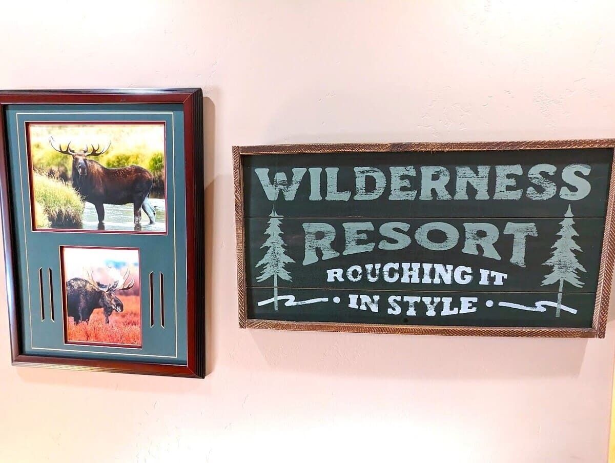 Ein gerahmtes Foto von einem Elch und einem Schild, auf dem 'WILDERNESS RESORT ROUCHED IT IN STYLE' steht.