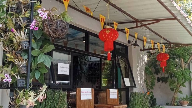 A storefront with potted plants and hanging decorations, wooden furniture, and signs indicating guest-only areas. - Vlodge House (Chiang Mai)