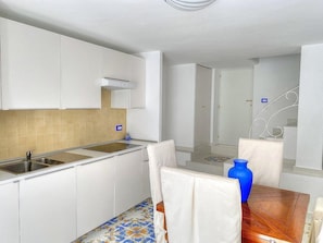 Fridge, stovetop, dishwasher, coffee/tea maker