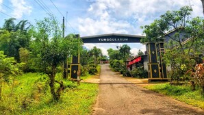 A rural road leading to a gate labeled "TUNGGULARUM" with a dirt path and greenery on both sides. - Hotel O Desa Wisata Tunggul ArumNearWisata Tunggularum (Kaliurang)
