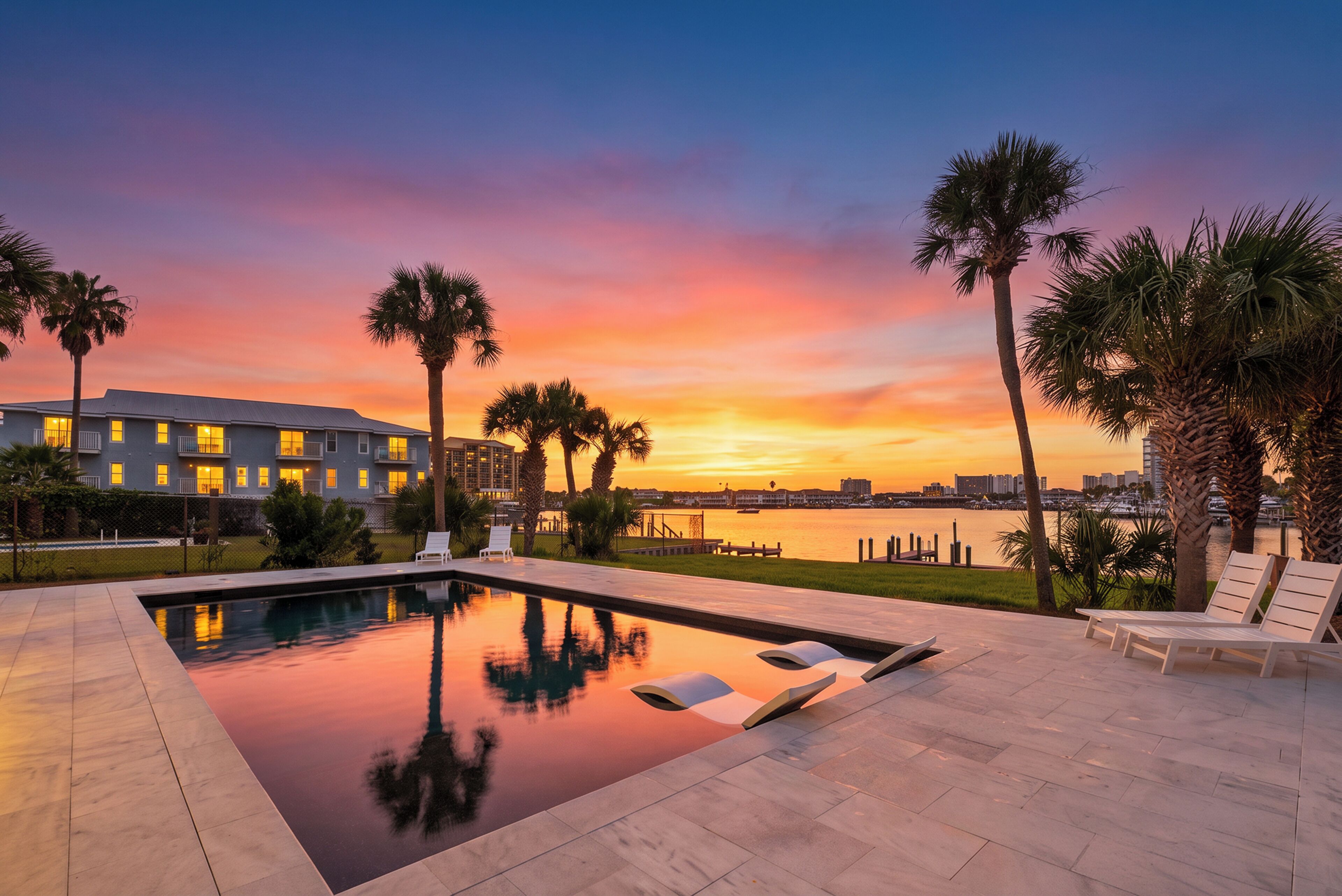 A swimming pool with lounge chairs, palm trees, and a building with illuminated windows.
